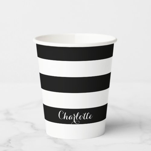 Modern stripes script name black and white chic paper cups