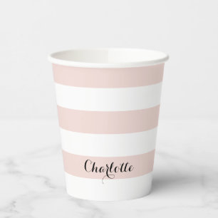 Modern stripes script name blush pink white chic paper cups