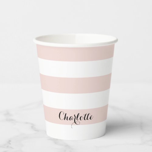 Modern stripes script name blush pink white chic paper cups