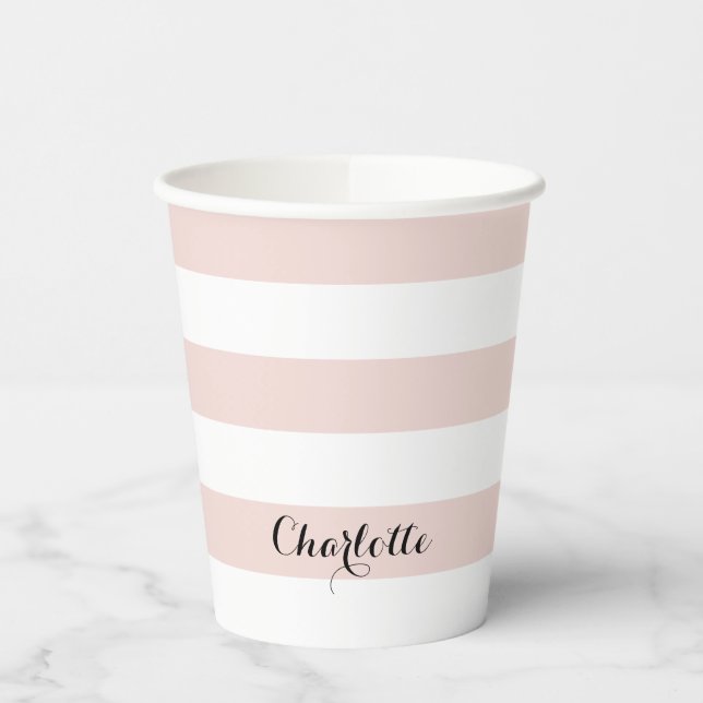 Modern stripes script name blush pink white chic paper cups (Left)
