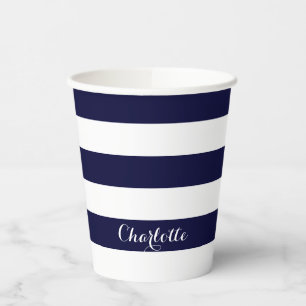 Modern stripes script name navy blue white chic paper cups