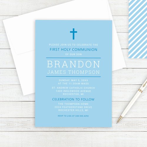 Modern Stripes Sky Blue First Communion for Boy Invitation