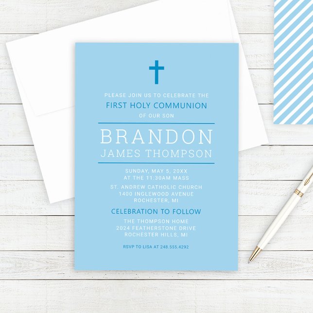 Modern Stripes Sky Blue First Communion for Boy Invitation (Creator Uploaded)