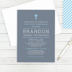 Modern Stripes Slate Blue First Communion for Boy Invitation