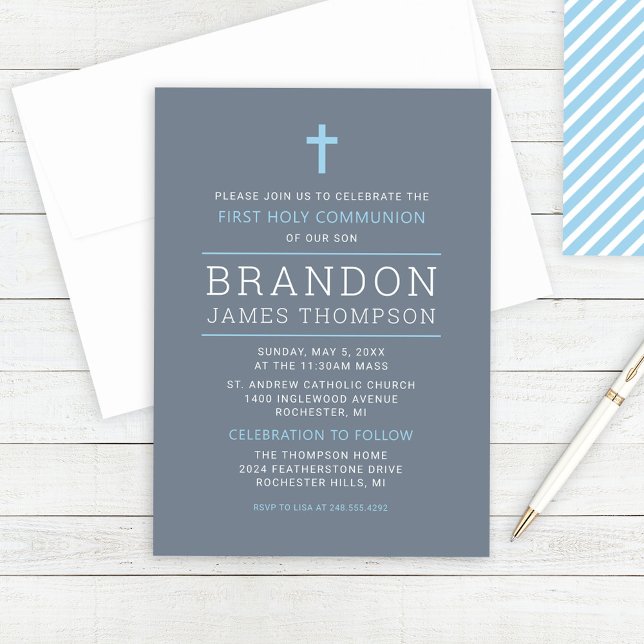 Modern Stripes Slate Blue First Communion for Boy Invitation (Creator Uploaded)