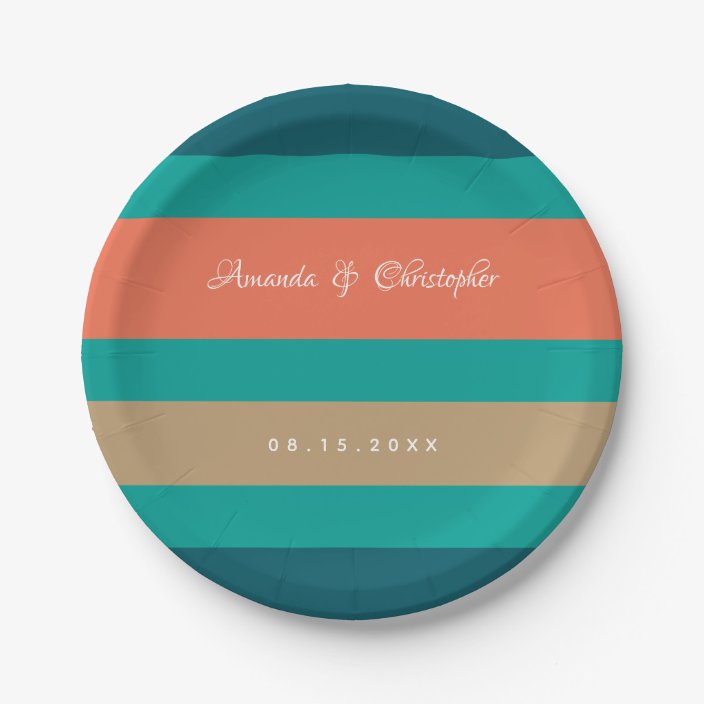 Teal Blue Coral Wedding Paper Plate 