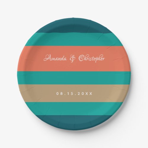 Modern Stripes Teal Blue Coral Wedding Paper Plates