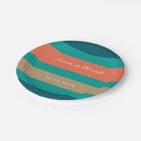 Modern Stripes Teal Blue Coral Wedding Paper Plates Zazzle