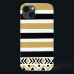 Modern Stripes & Tribal Pattern Gold Glitt iPhone 13 Case<br><div class="desc">Modern design hand drawn style gold glitter and black stripes over white background. Trendy tribal geometric design accent.stripes</div>