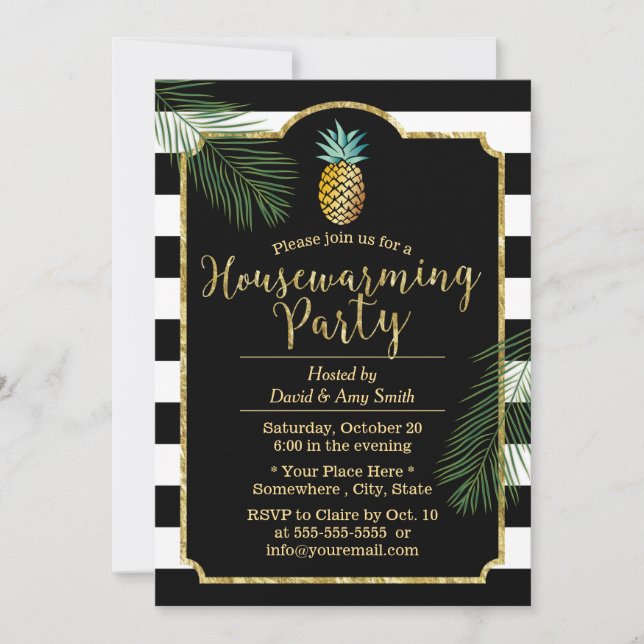 Modern Stripes Tropical Pineapple Housewarming Invitation (Front)