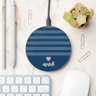 Modern Stripes - Upscale Pink Heart Monogram Navy Wireless Charger