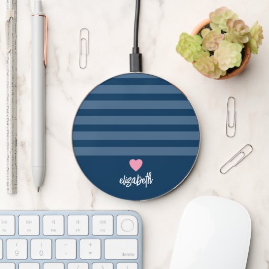 Modern Stripes - Upscale Pink Heart Monogram Navy Wireless Charger (Desk)