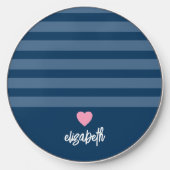Modern Stripes - Upscale Pink Heart Monogram Navy Wireless Charger (Front)