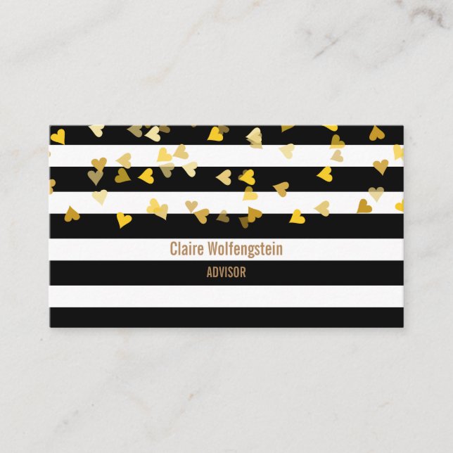 Modern Stripes with Scattered Gold Hearts Business Card (Front)