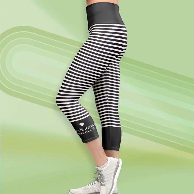 Modern Stripes with Upscale Heart Monogram black Capri Leggings (Custom Leggings)