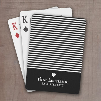 Modern Stripes With Upscale Heart Monogram Black Playing Cards by icases at Zazzle