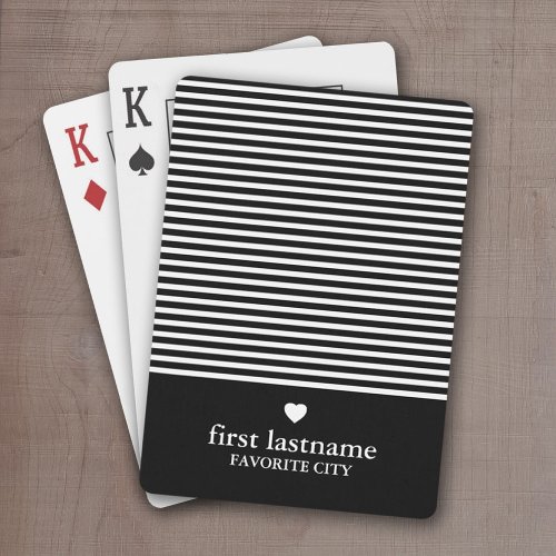 Modern Stripes with Upscale Heart Monogram Black Playing Cards
