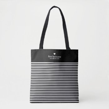 Modern Stripes With Upscale Heart Monogram Black Tote Bag by icases at Zazzle