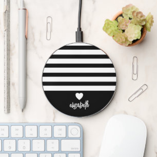 Modern Stripes with Upscale Heart Monogram Black Wireless Charger