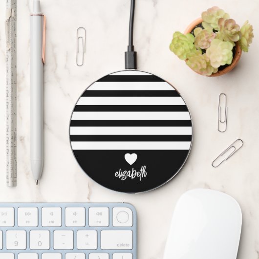 Modern Stripes with Upscale Heart Monogram Black Wireless Charger (Desk)
