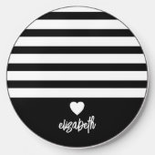 Modern Stripes with Upscale Heart Monogram Black Wireless Charger (Front)