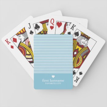 Modern Stripes With Upscale Heart Monogram Blue Playing Cards by icases at Zazzle