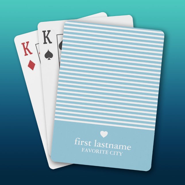 Modern Stripes with Upscale Heart Monogram Blue Poker Cards (Custom Playing Cards)