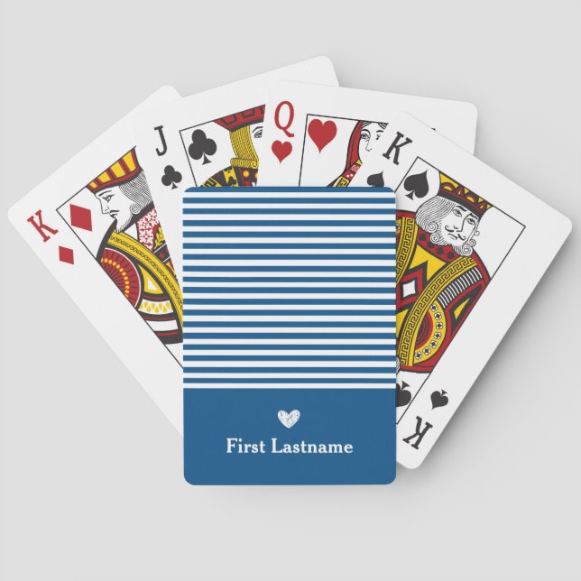 Modern Stripes with Upscale Heart Monogram blue  Poker Cards (Back)