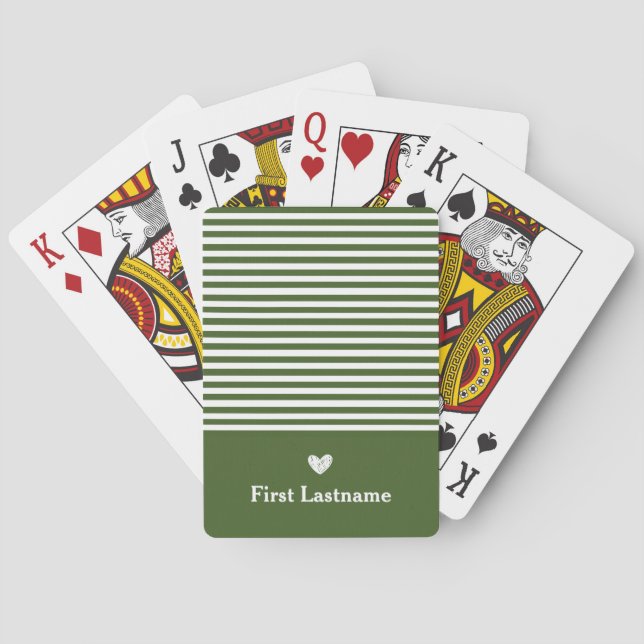 Modern Stripes with Upscale Heart Monogram green  Poker Cards (Back)