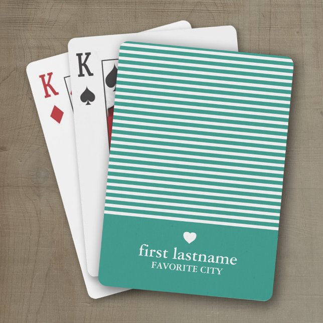 Modern Stripes with Upscale Heart Monogram Green Poker Cards (Personalized playing cards with a modern stripe pattern and a place for a name or monogram)