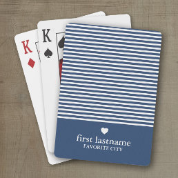 Modern Stripes with Upscale Heart Monogram Navy Playing Cards