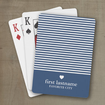 Modern Stripes With Upscale Heart Monogram Navy Playing Cards by icases at Zazzle