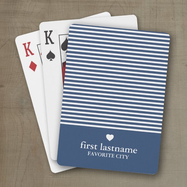 Modern Stripes with Upscale Heart Monogram Navy Poker Cards (Personalized playing cards with a modern stripe pattern and a place for a name or monogram)