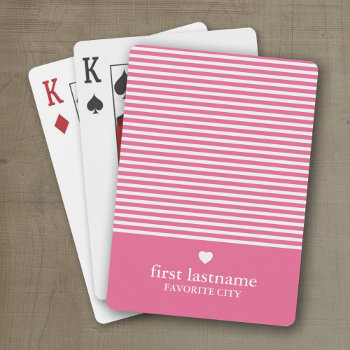 Modern Stripes With Upscale Heart Monogram Pink Playing Cards by icases at Zazzle