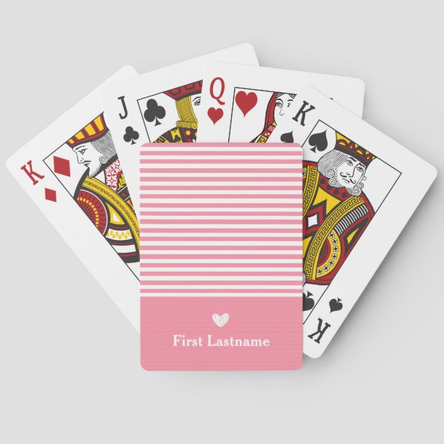 Modern Stripes with Upscale Heart Monogram Pink Poker Cards (Back)