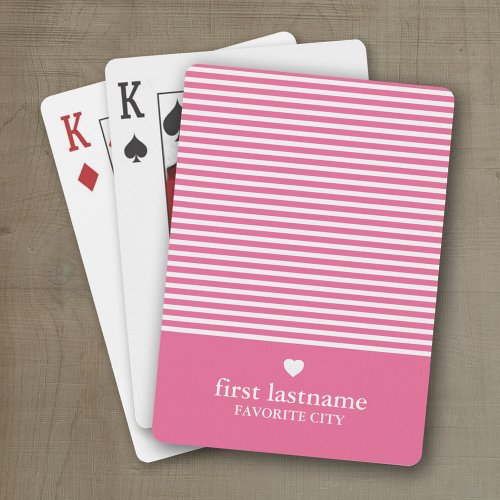 Modern Stripes with Upscale Heart Monogram Pink Poker Cards