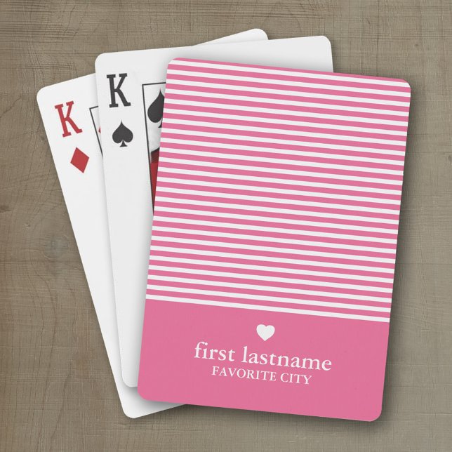 Modern Stripes with Upscale Heart Monogram Pink Poker Cards (Personalized playing cards with a modern stripe pattern and a place for a name or monogram)