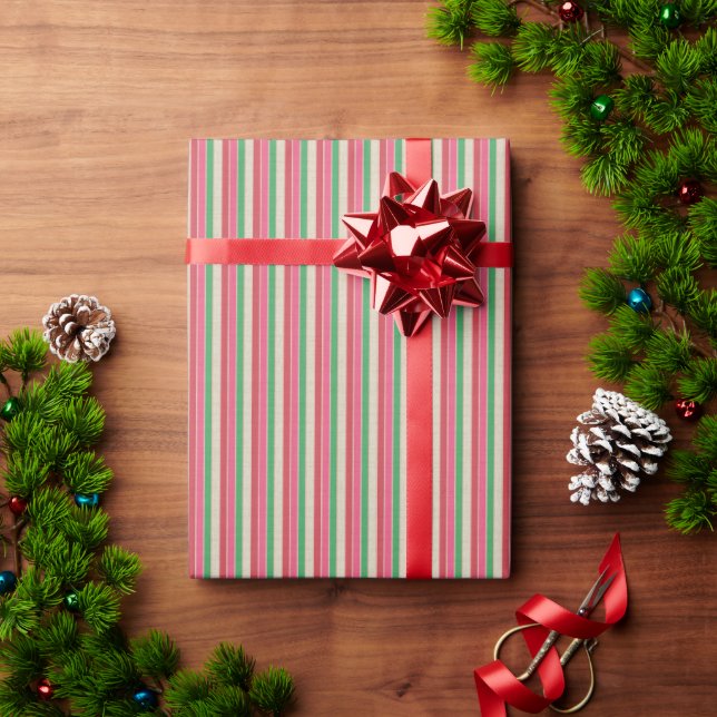 Modern Stripes Wrapping Paper Pink Red Green Cream (Holiday Gift)