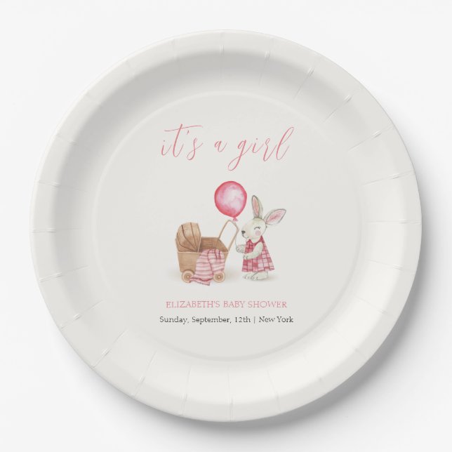 Modern Stroller Bunny Balloon Girl Baby Shower  Paper Plates (Front)