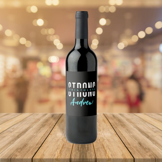 Modern Strong Triathlete Black And White Name Wine Label (Creator Uploaded)