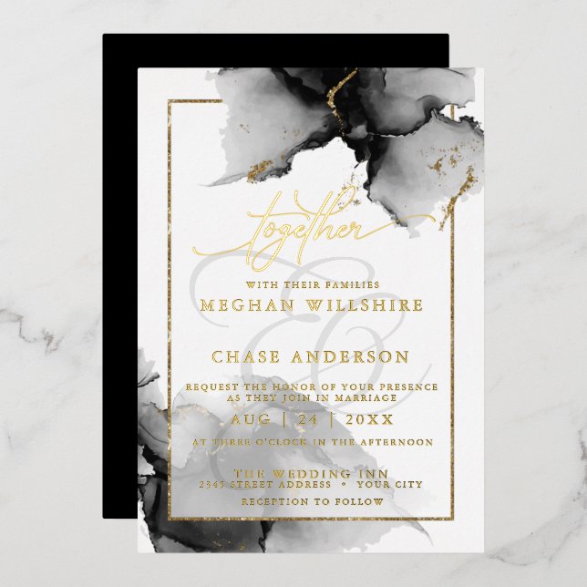 Modern Stunning Custom2 Charcoal Watercolor Foil Invitation (Front/Back)