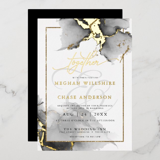 Modern Stunning Custom5 Charcoal Watercolor  Foil Invitation (Front/Back)