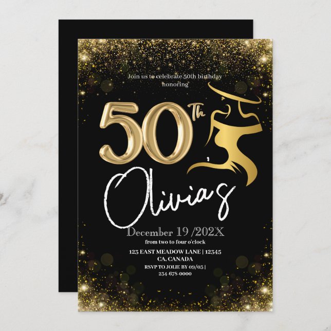 Modern Style 50th Birthday Black Gold Dress Shine  Invitation (Front/Back)