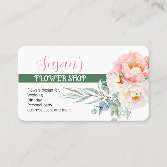 Modern Style Flower Shop Business Card with Peony (Front)