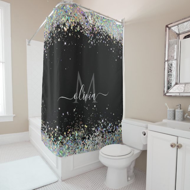 Modern Style Holographic Glitter Monogram Black Shower Curtain (In Situ)