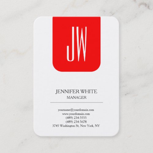 Modern style trendy plain white red monogram business card