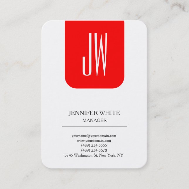 Modern style trendy plain white red monogram business card (Front)