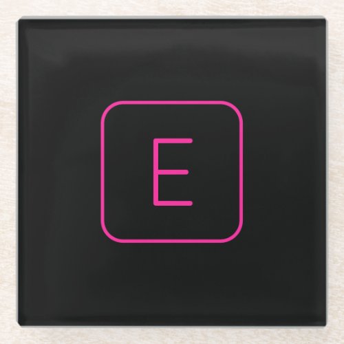 Modern Styled Initial Monogram  Pink  Black Glass Coaster