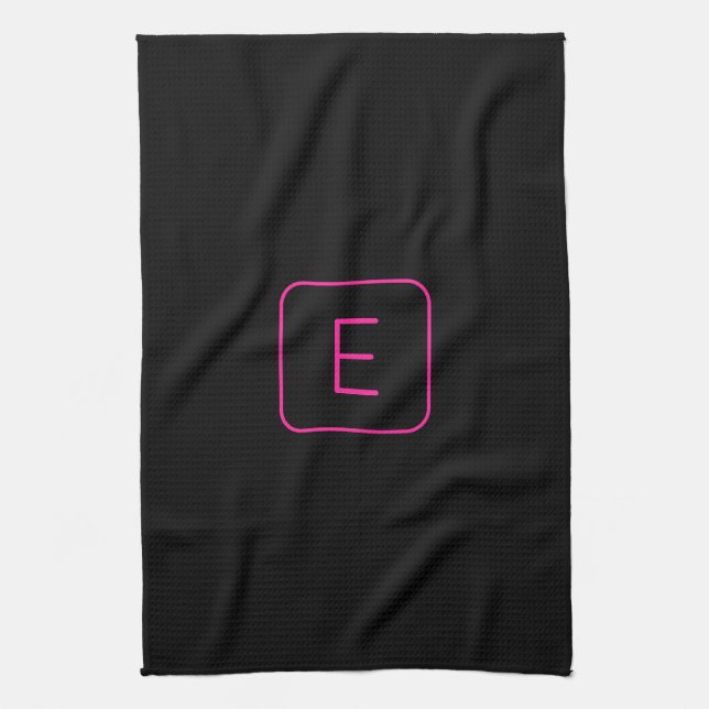 Modern Styled Initial Monogram | Pink & Black Kitchen Towel (Vertical)