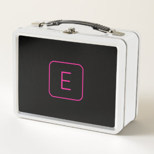 Modern Styled Initial Monogram   Pink & Black Metal Lunch Box